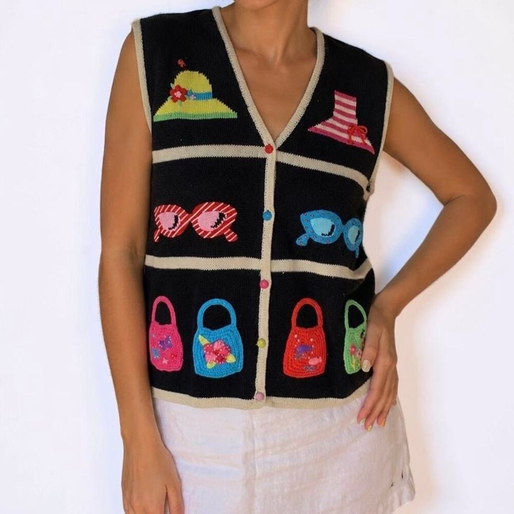 Vintage Marisa Christina Novelty Embroidered Beaded Sweater Vest Large